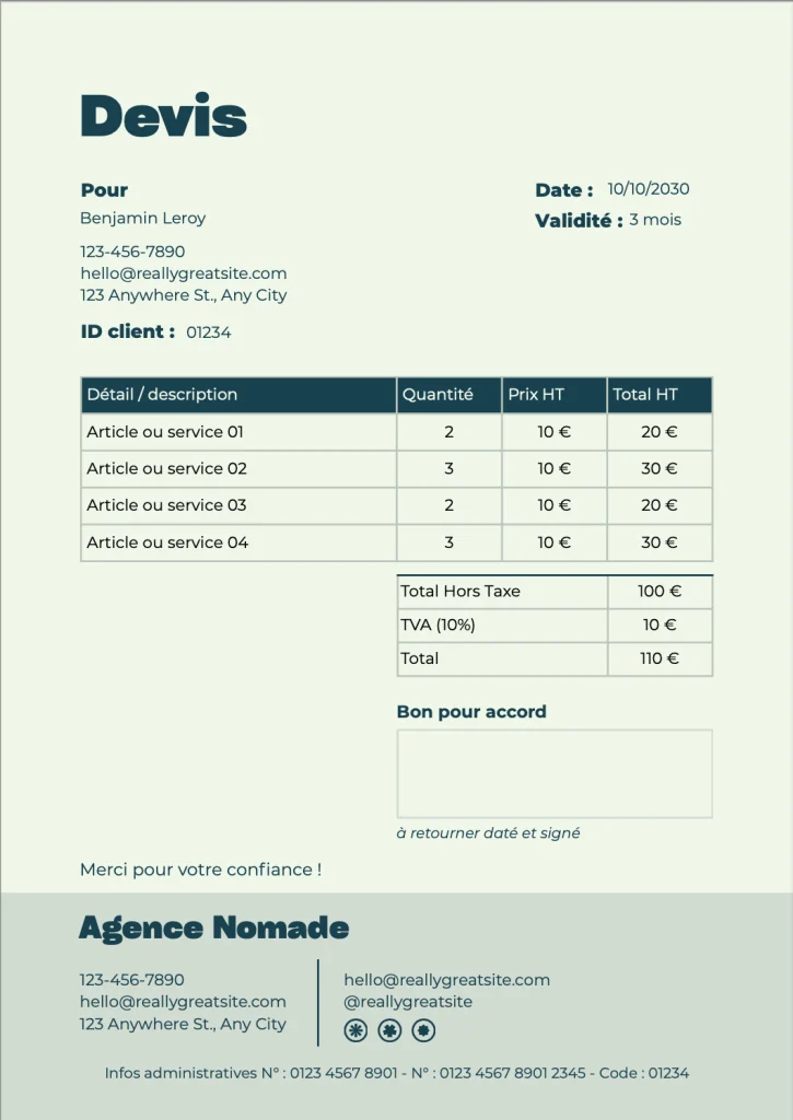 Exemple de devis PDF à télécharger - prestation de service