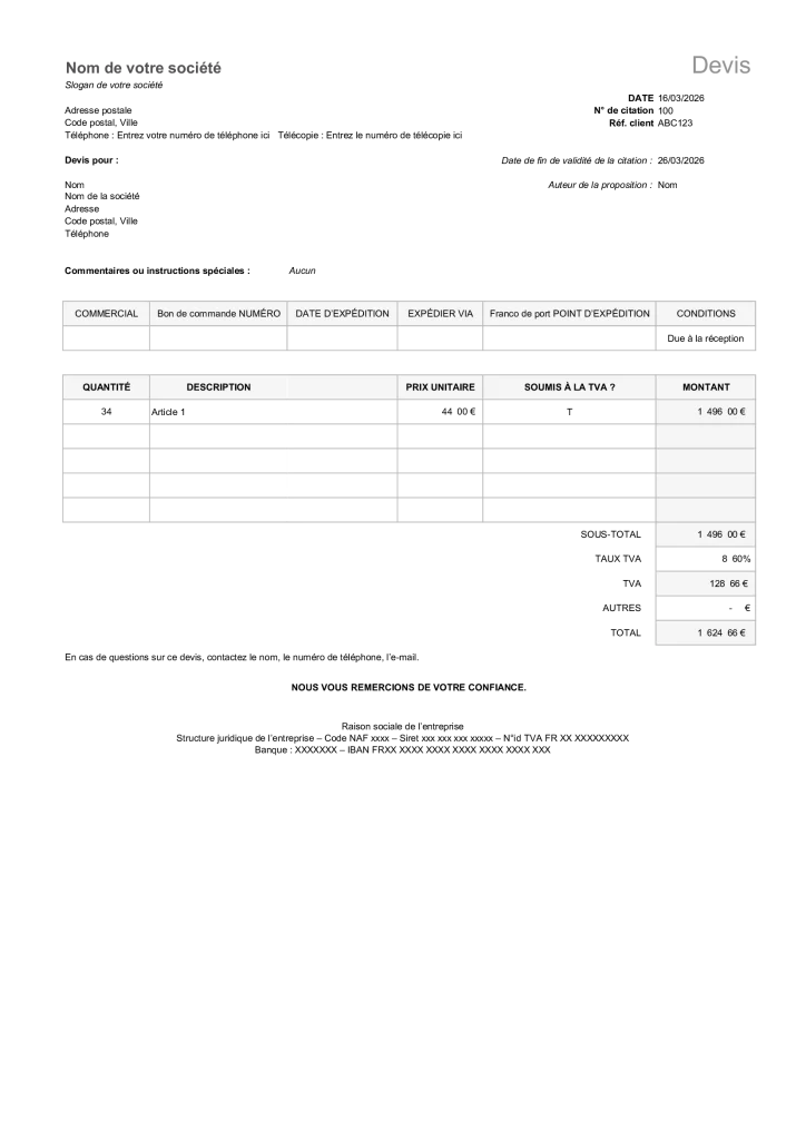 modèle de devis excel à télécharger - image