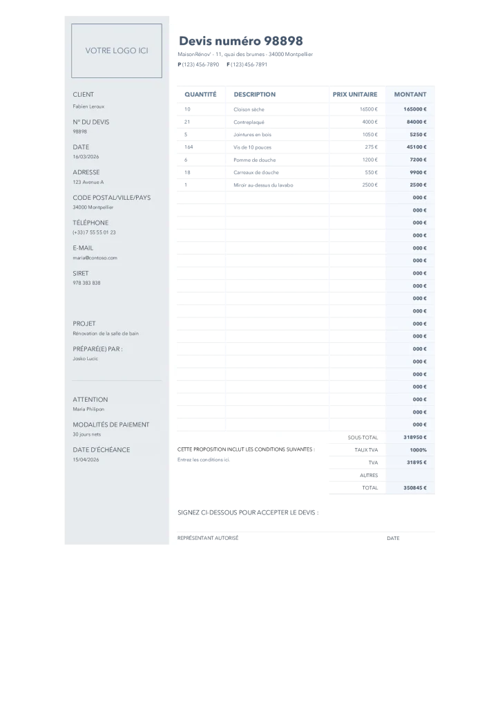Template de devis excel à télécharger - image