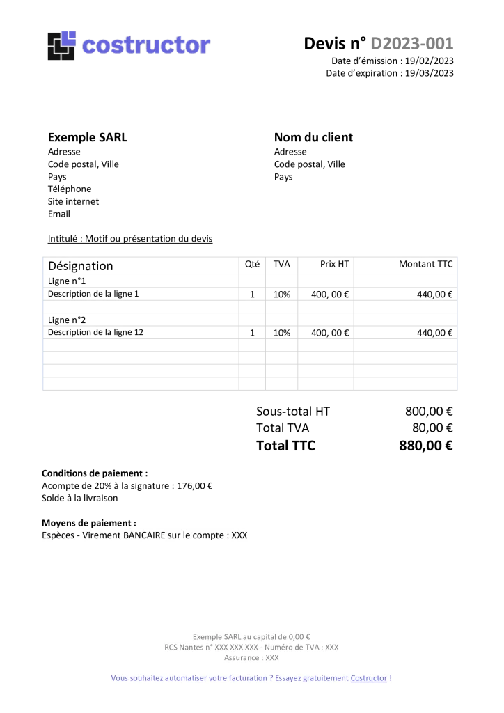 Exemple de devis BTP
