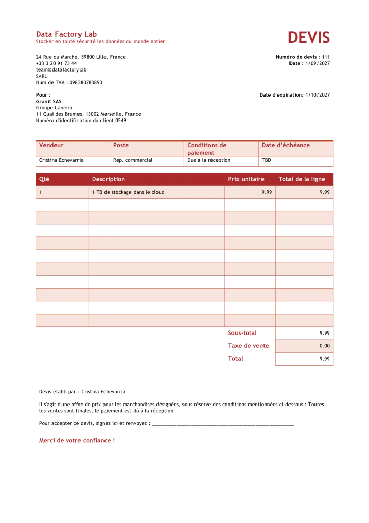 Template de devis de prestation de service