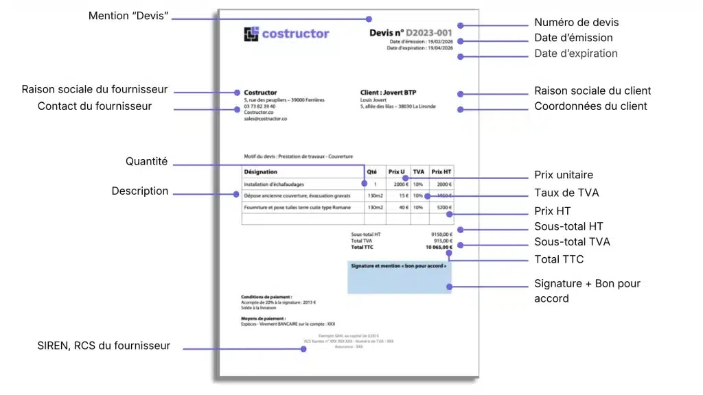 Mentions obligatoires sur devis Costructor
