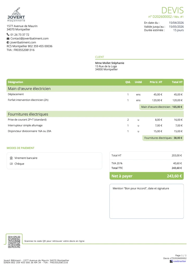 exemple devis électricien