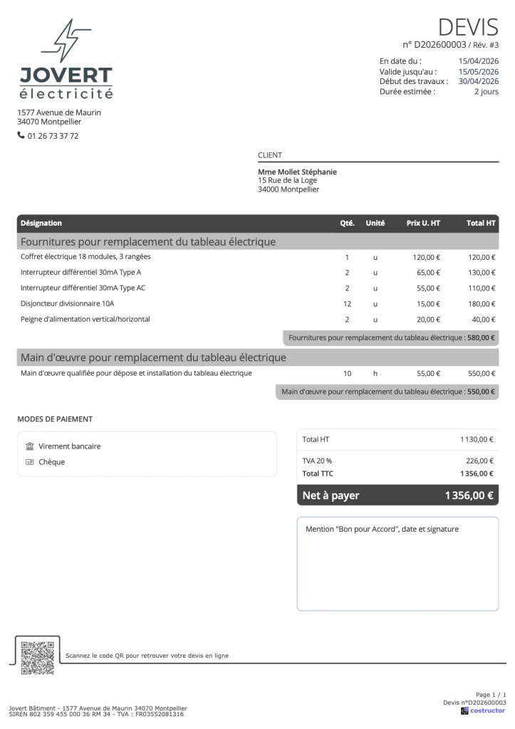 Exemple devis électricien - Remplacement de tableau électrique