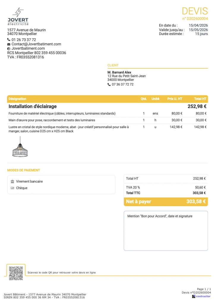 Exemple devis électricien - installation de luminaire