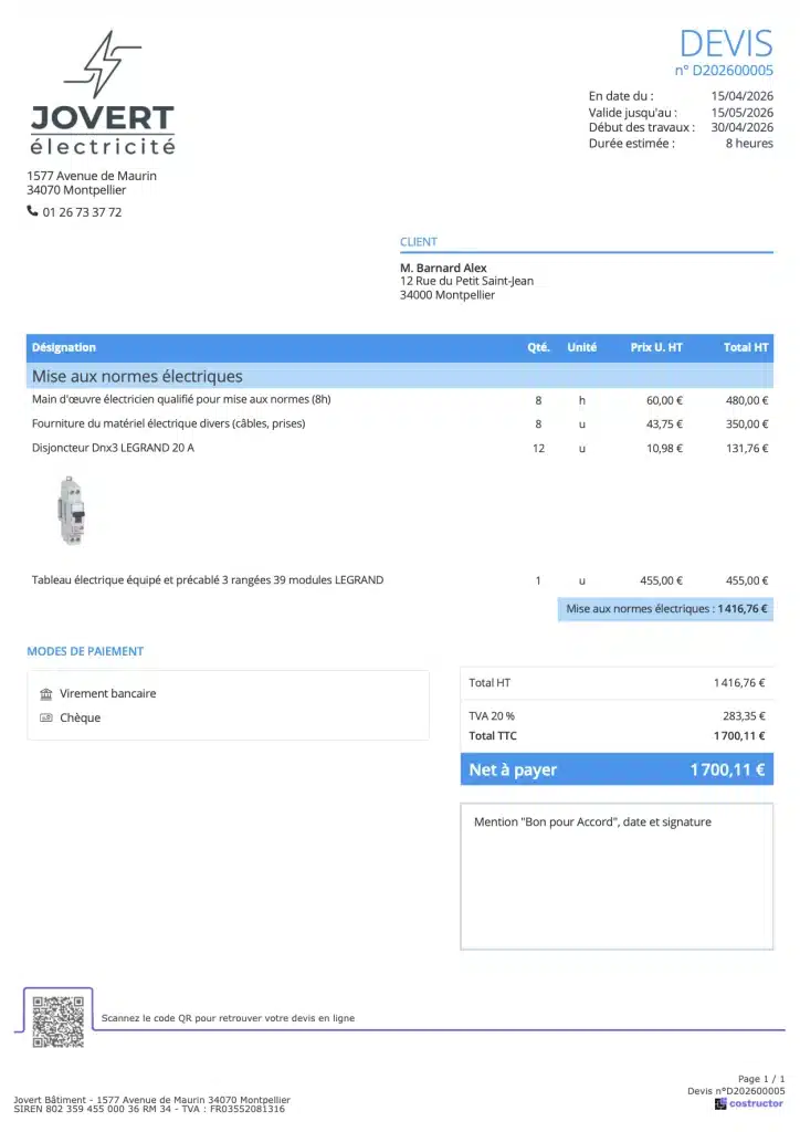 Exemple devis électricité mise aux normes