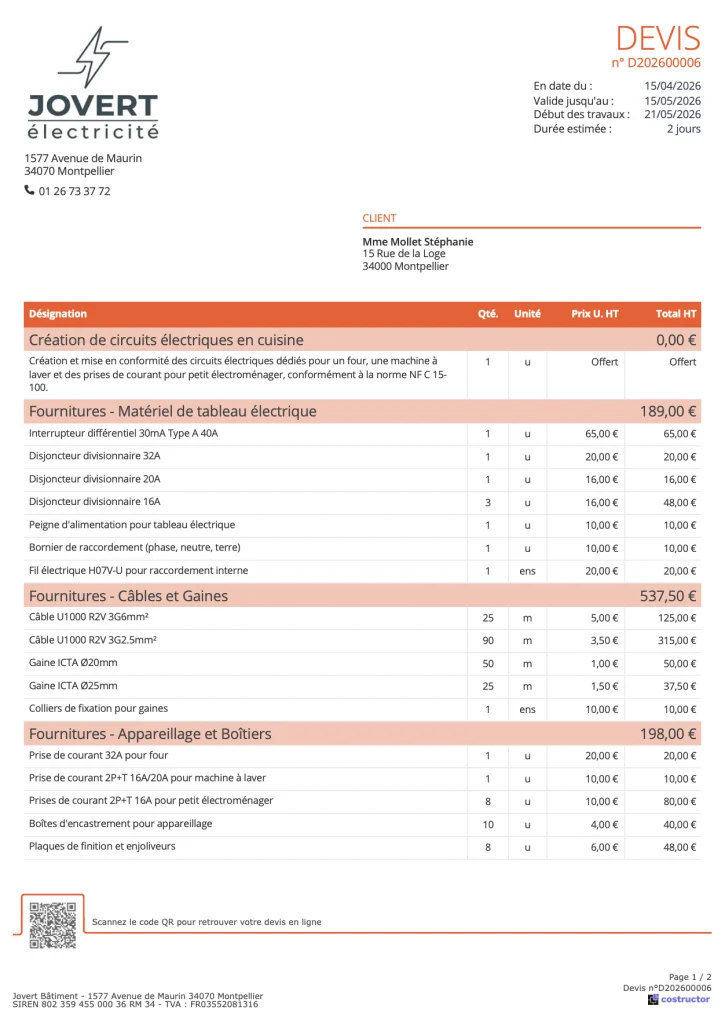 Devis électricien création de circuits