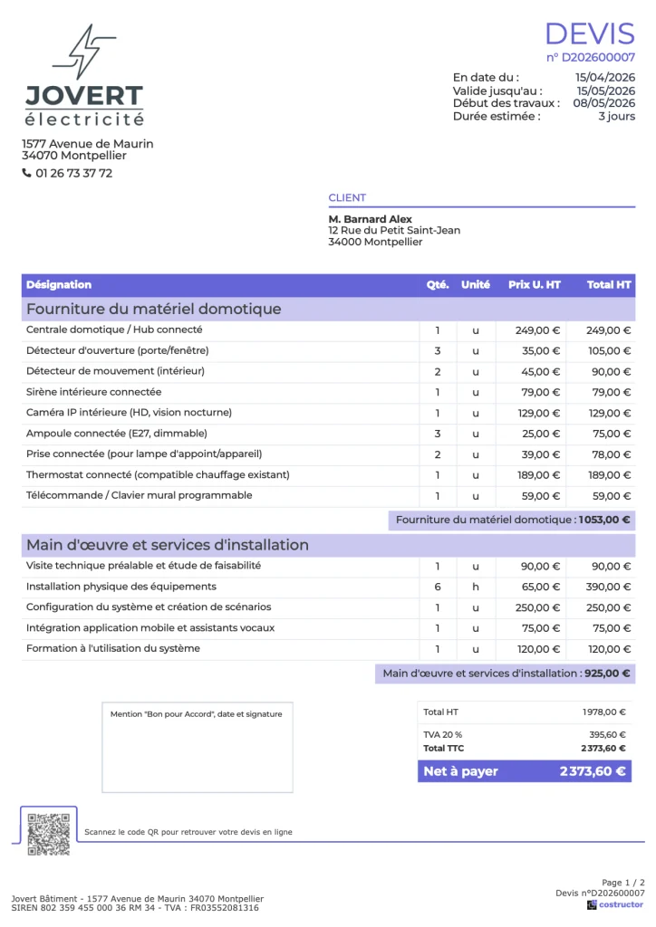 Exemple devis installation système domotique