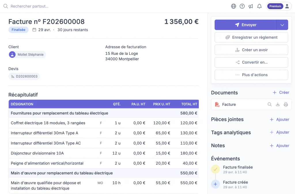 Interface logiciel de facture électronique