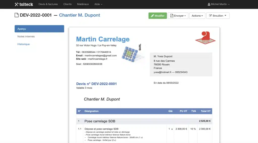 Screenshot de test Tolteck (logiciel BTP)