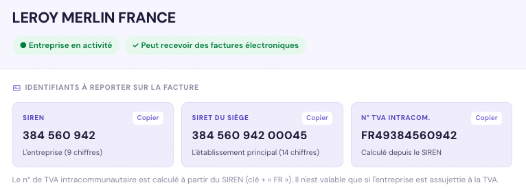 Vérifier un SIRET gratuitement - Exemple Leroy Merlin